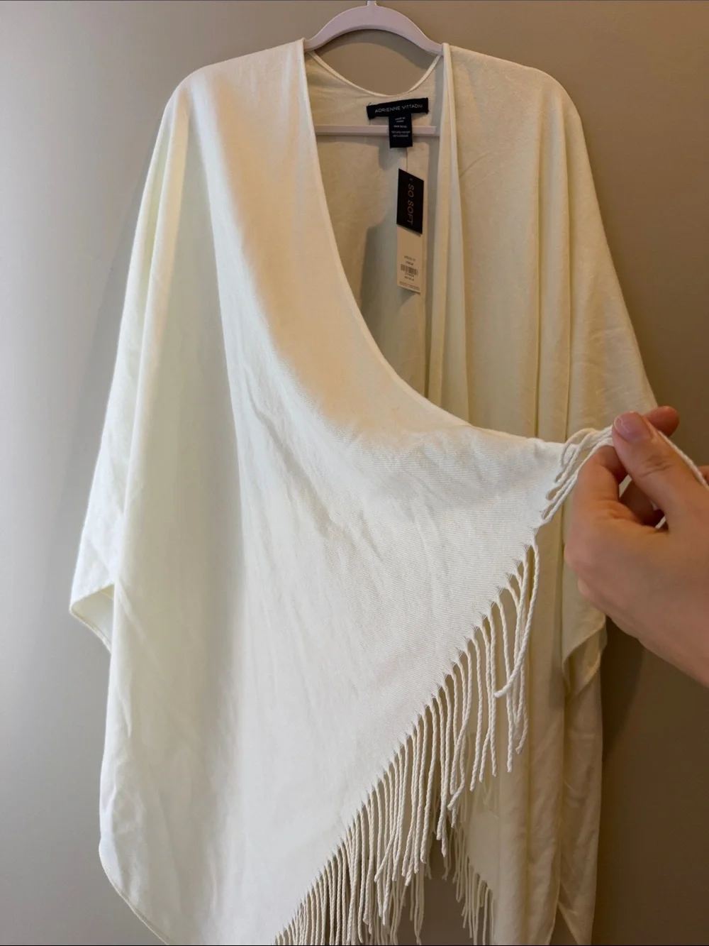 Adrienne Vittadini So Soft Fringe Ruana Wrap in Ivory, One Size NWT
